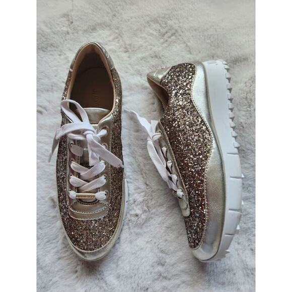NWD JIMMY CHOO Monza Glittered Metallic Leather Sneakers Sz 37 Gold - Picture 1 of 13